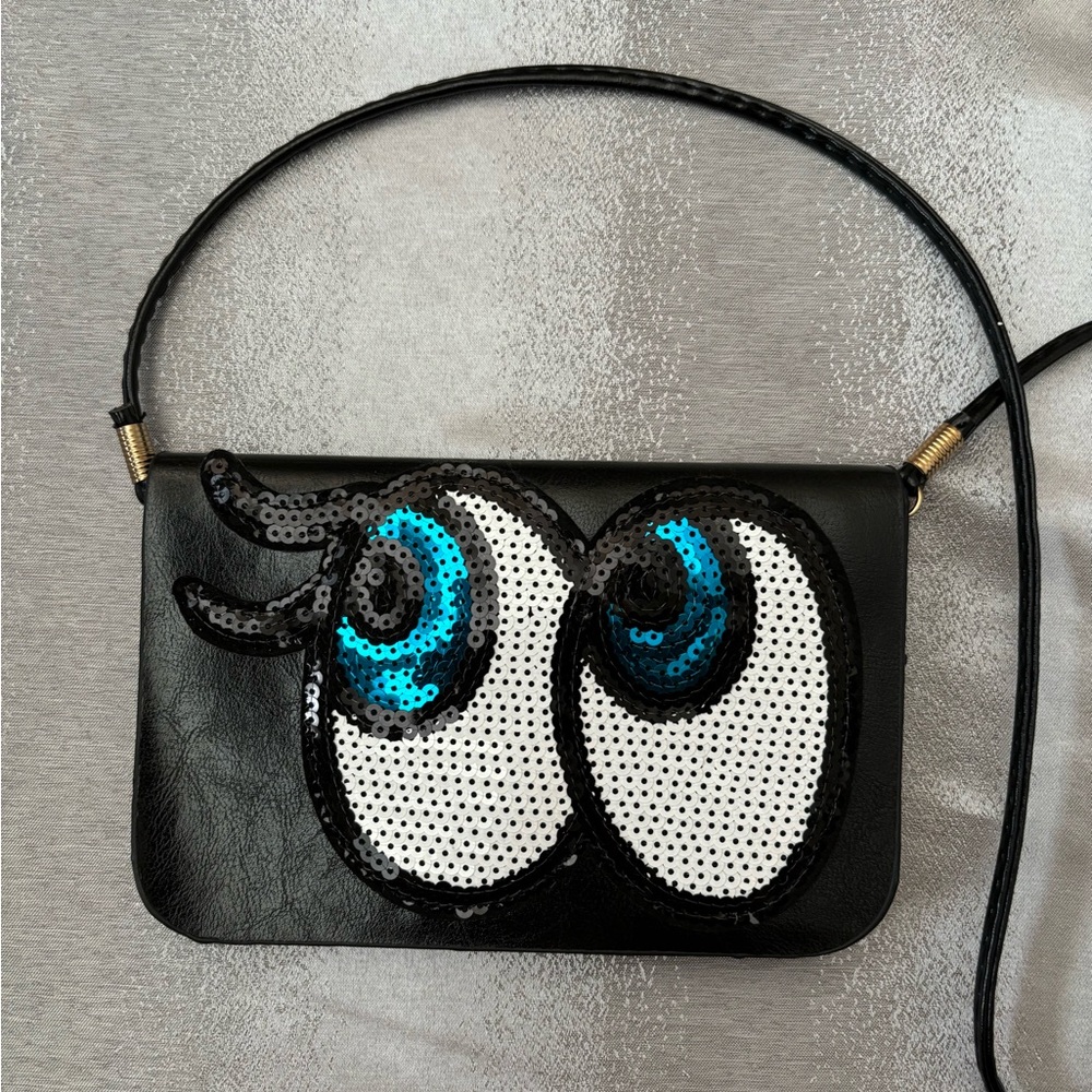 Cross Black Body Bag with Cartoon Eyes Sequined Design